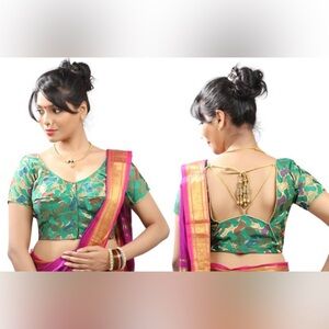 Beautiful Indian Handloom Silk Padded Sari Saree Blouse Choli Top Dark Green